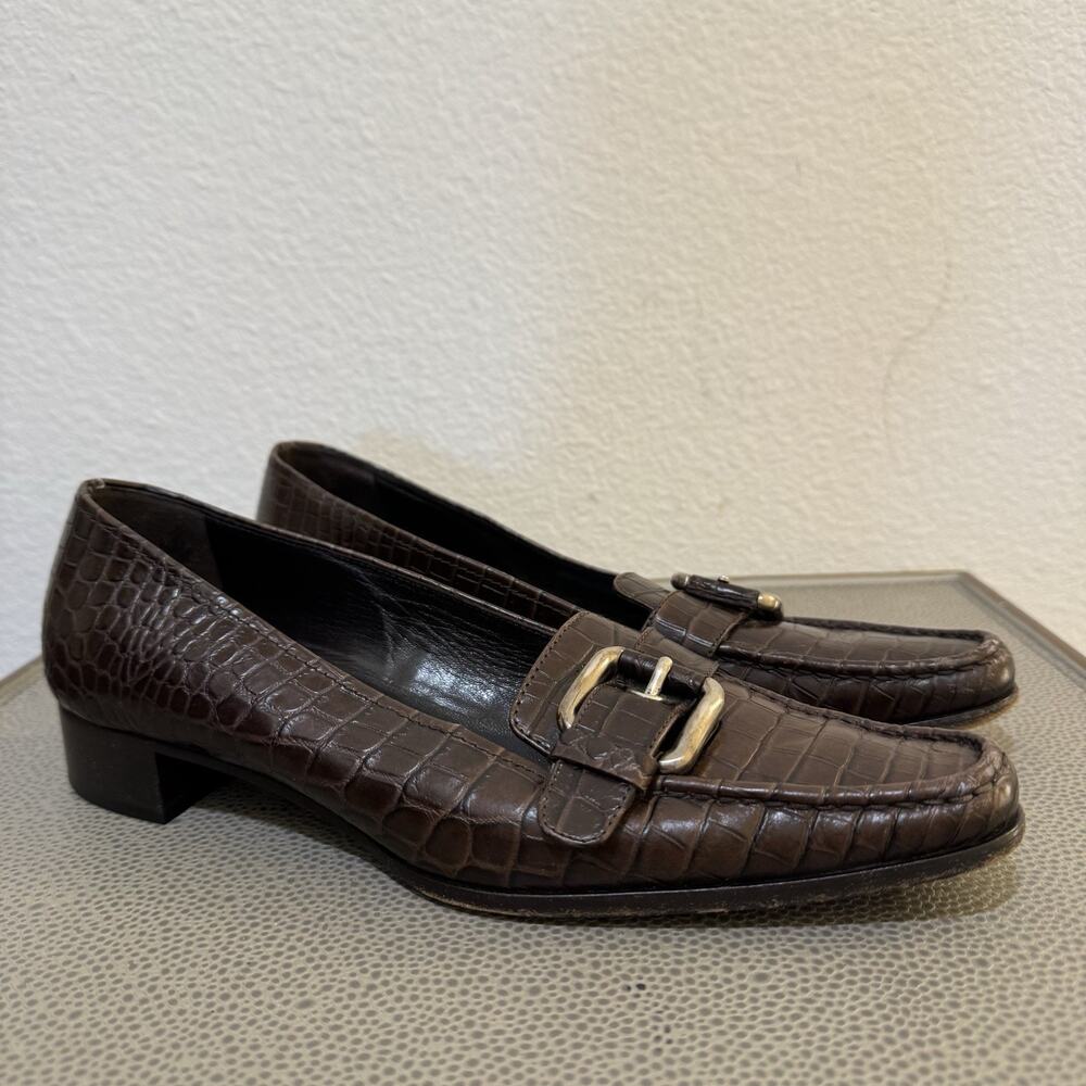 Prada Brown Croc-Embossed Leather Buckle Loafers